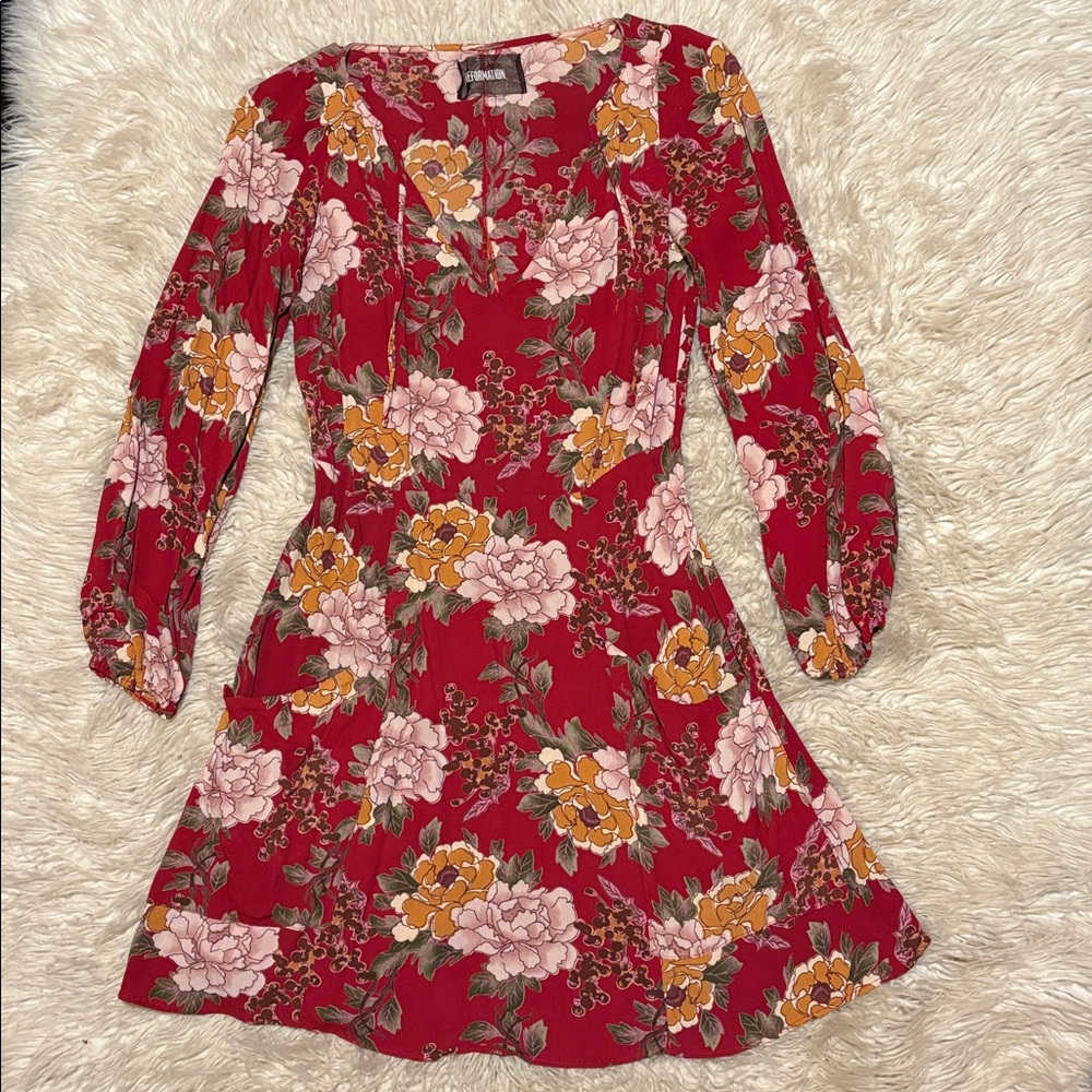 Reformation Red Floral Long Sleeve Mini Dress
